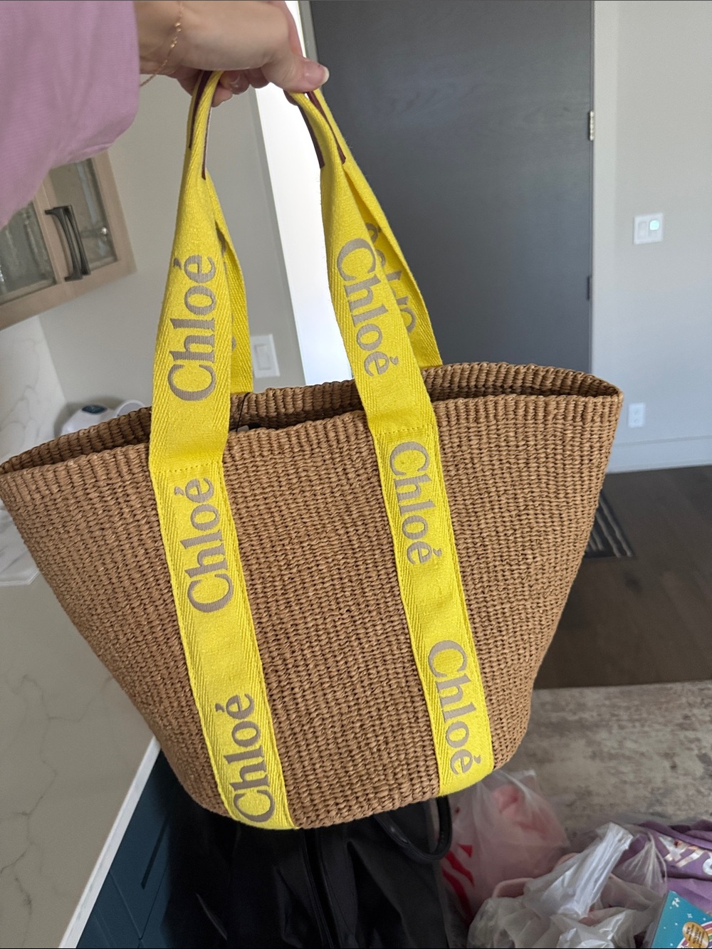 Chloé Woody Large Basket Tote – Natural Woven Raffia with Yellow Logo Straps